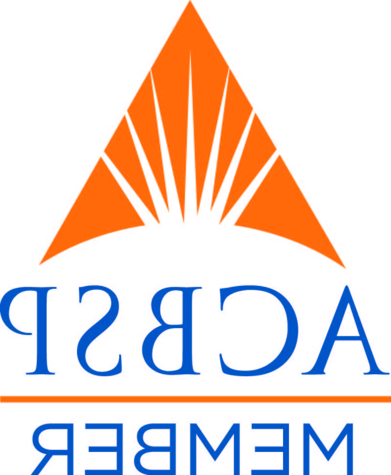 ACBSP Member logo - An orange triangle with a concave base. 七白, pointed rays radiate from the white space in the concave base at different angles in the triangle. The letters ACBSP are capitalized in blue font above the word Member also in blue capital letters separated by an orange horizontal line.